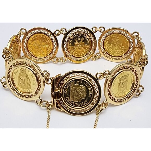 18K Yellow Gold Caciques De Venezuela 21K Gold Coin Link Bracelet 6.50" Length - Picture 1 of 16